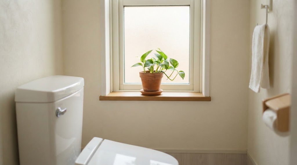 小窓のあるトイレの窓台で光を受けるポトスの小鉢