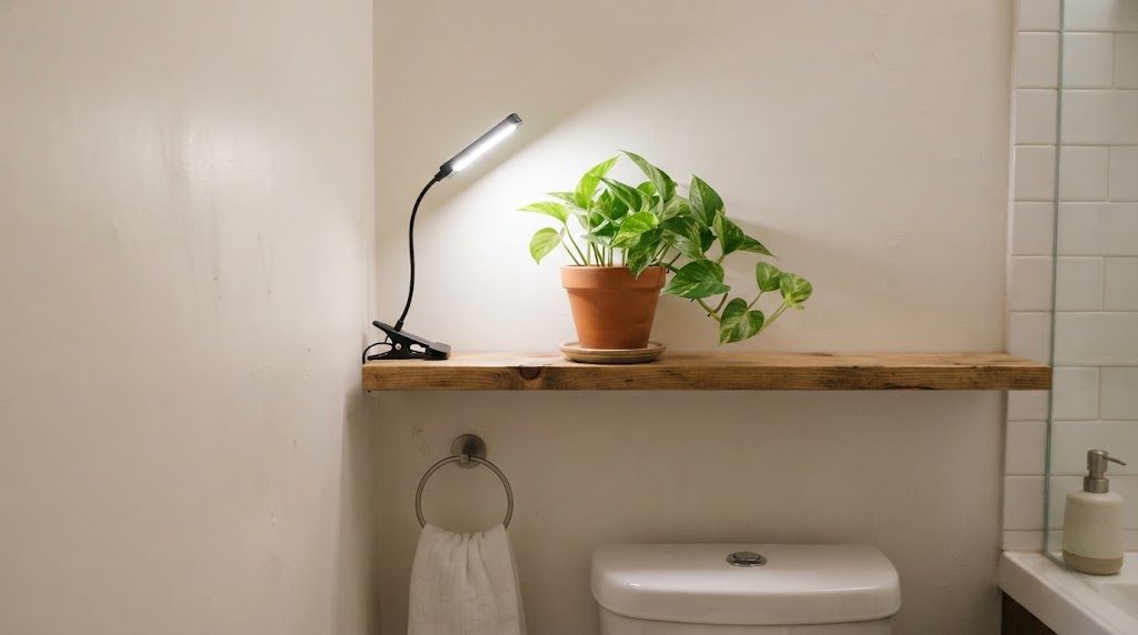 トイレの棚で、クリップ型の植物用ライトに照らされた小さな観葉植物