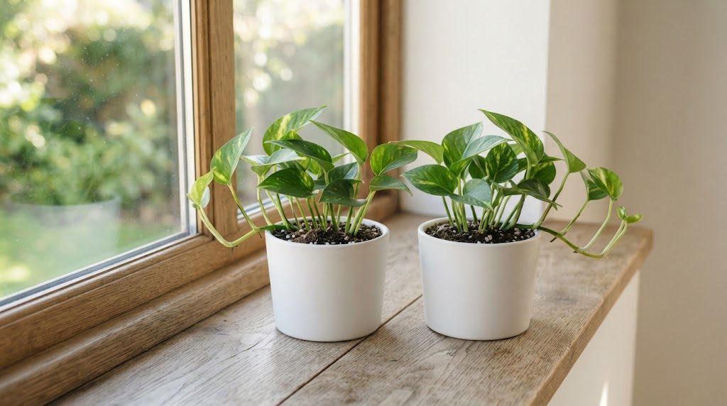 同じ大きさ・同じ種類の観葉植物の鉢を2つ並べた様子