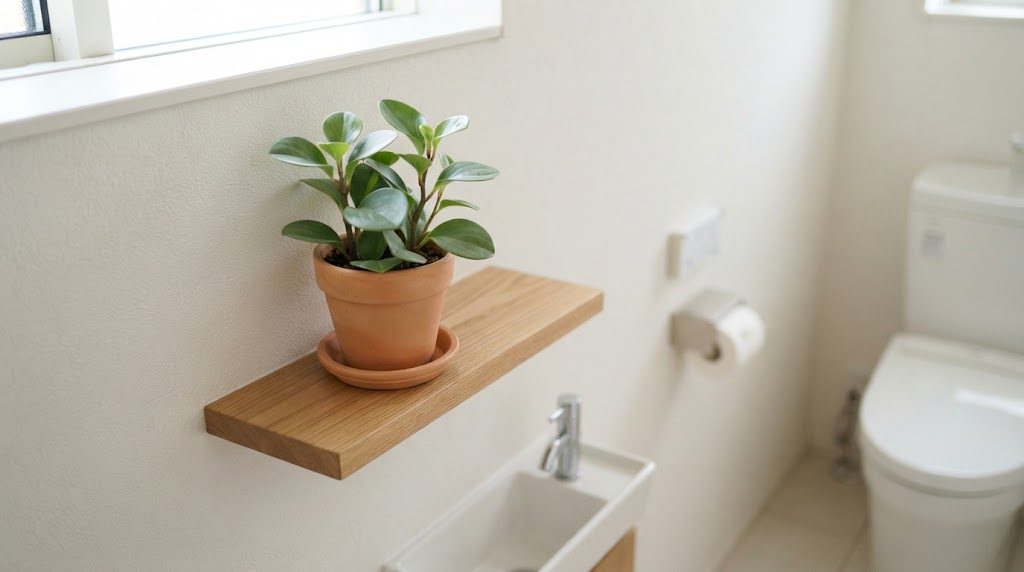 手洗いの水はねを避けて棚の上に受け皿ごと置かれたトイレの観葉植物