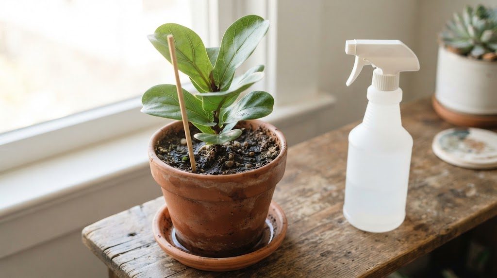 土に竹串を挿して湿り気を確かめている観葉植物の鉢
