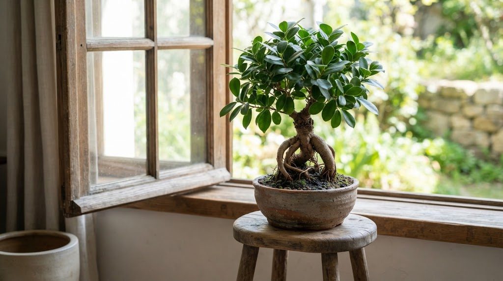 窓辺に置かれた、根が盛り上がった姿のガジュマルの鉢植え
