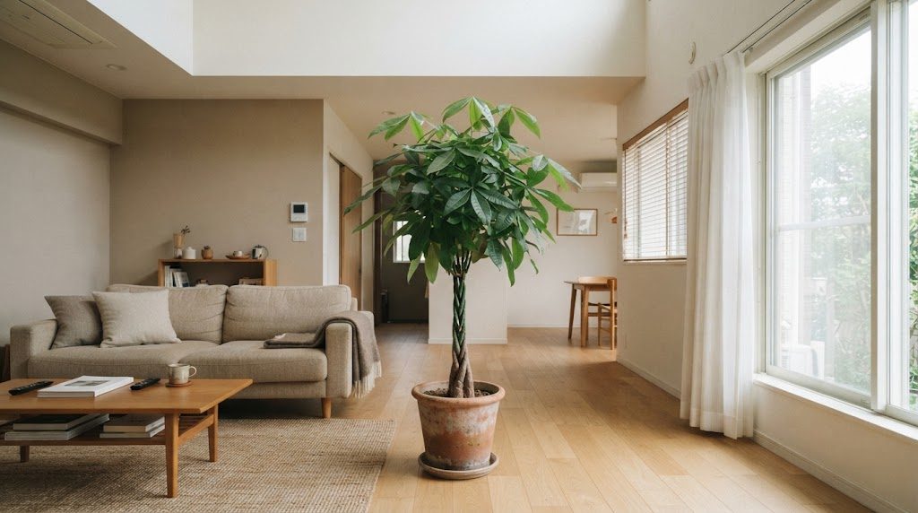 天井との間に余白を残して床置きされた高さ1.5mほどの観葉植物のあるリビング