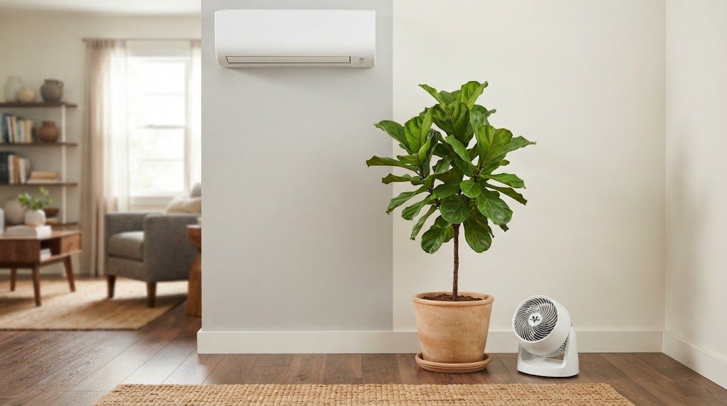エアコンの風を避けた位置に観葉植物を置き、サーキュレーターで空気を動かしているリビング