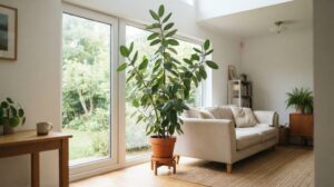 大きな観葉植物が主役として置かれたリビング