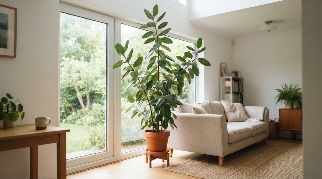 大きな観葉植物が主役として置かれたリビング