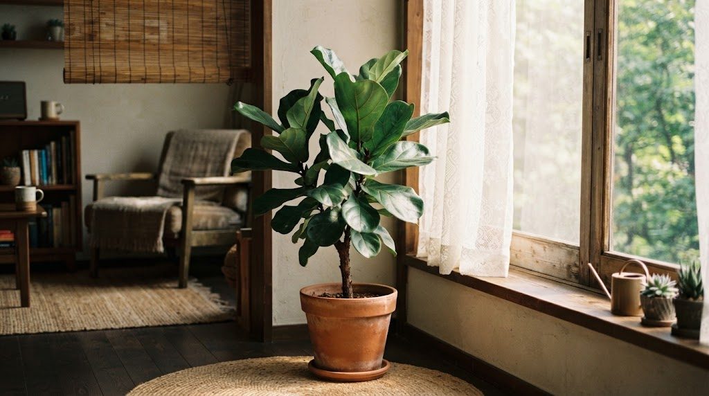夏の西日を避けるためレースカーテンを引き、窓から離して置かれた観葉植物