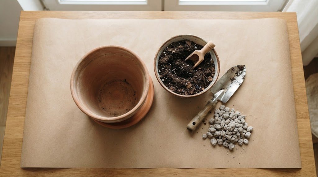 植え替え用の鉢、土、スコップ、軽石を茶色い紙の上に並べた様子
