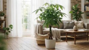 明るいリビングに置かれた、手のひら状に小葉が広がるパキラの鉢植え
