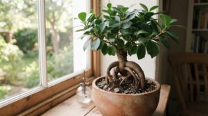 窓辺に置かれた、根が盛り上がった姿のガジュマルの鉢植え
