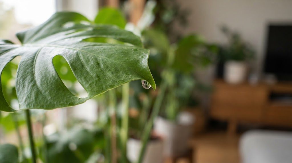 モンステラの葉の先端に水滴がたまっている様子