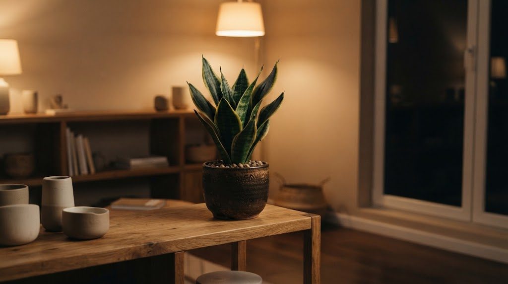 冬の夜、暖色の照明がついた部屋で、窓から少し離れた木のテーブルの上に置かれたサンスベリアの鉢
