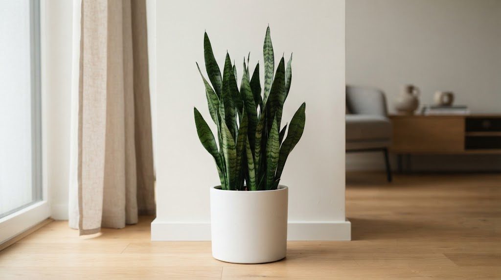 白い鉢に植えられた、剣のように立つ葉のサンスベリア