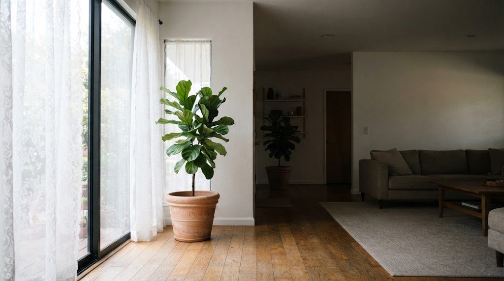 窓辺は明るく部屋の奥は薄暗いリビングで、窓辺と奥に同じような観葉植物が置かれている様子