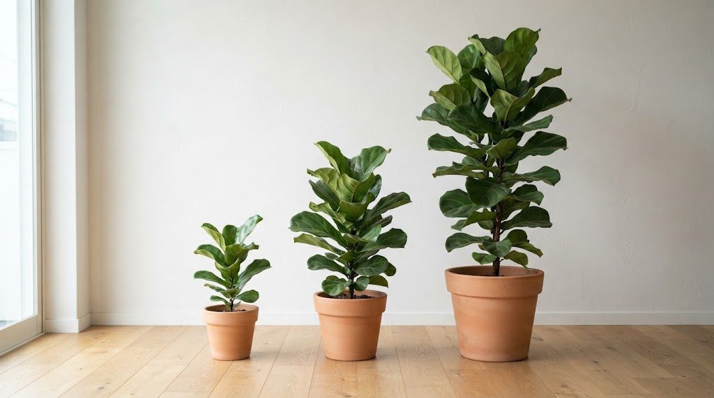 4号・6号・10号と大きさの違う3つの観葉植物の鉢を並べた様子