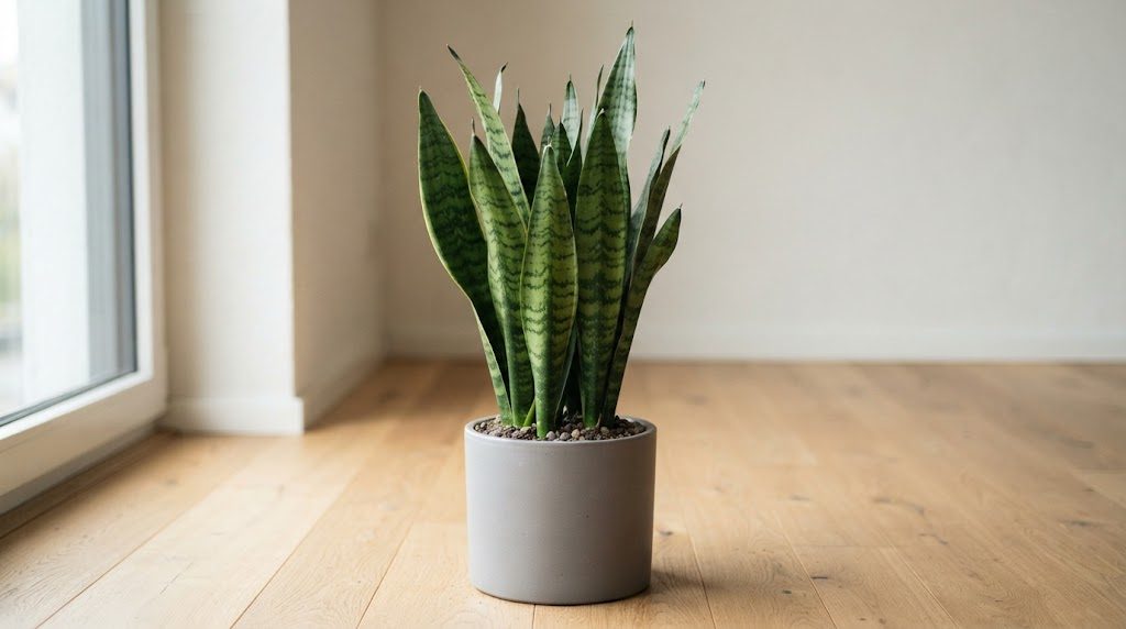 剣のように真っすぐ伸びた葉をもつサンスベリアの鉢植え