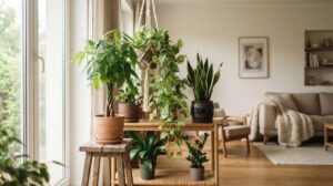 明るいリビングに置かれた数種類の観葉植物