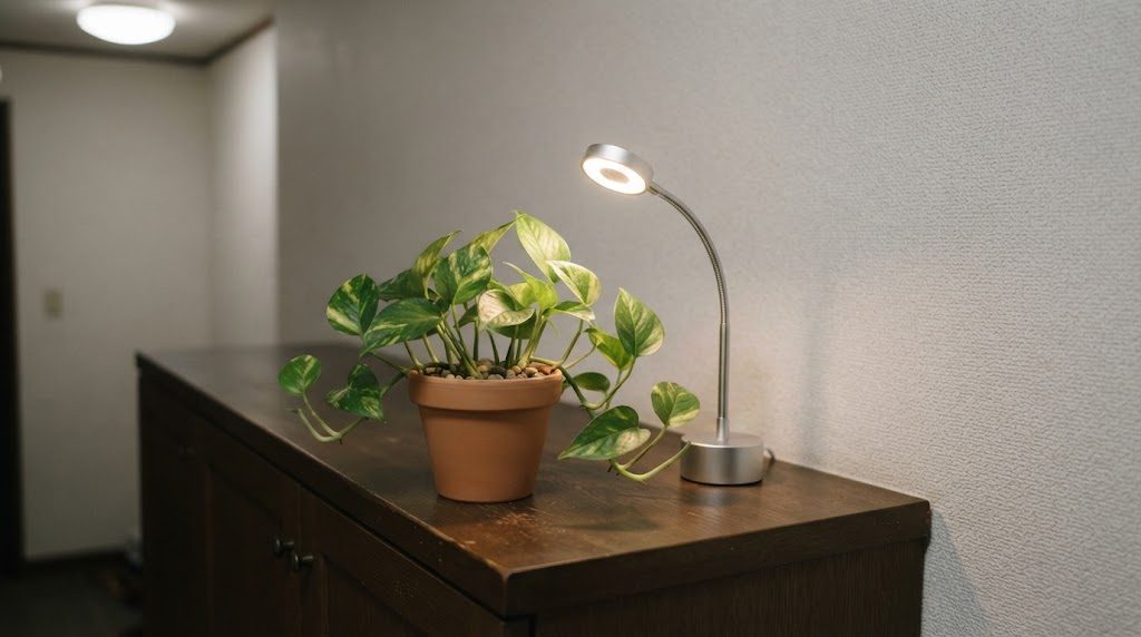 窓のない玄関で、靴箱の上に小さなポトスと植物用LEDライトが置かれている様子