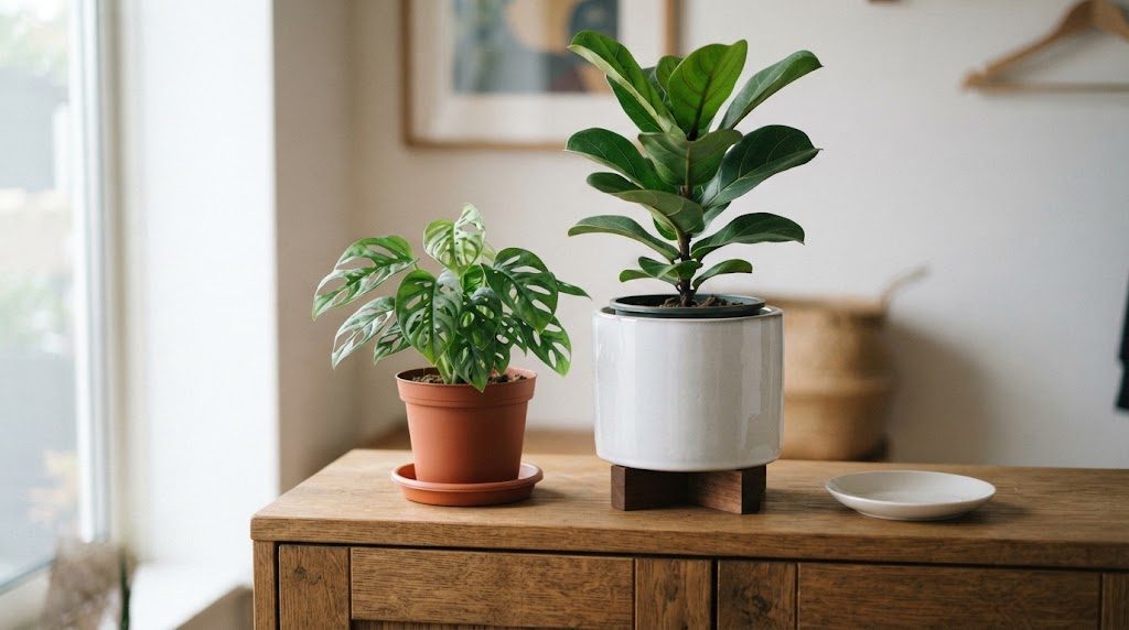 鉢カバーと受け皿を用意して見た目を整えた玄関の鉢植え