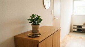 玄関の靴箱の上に飾られた小さな観葉植物